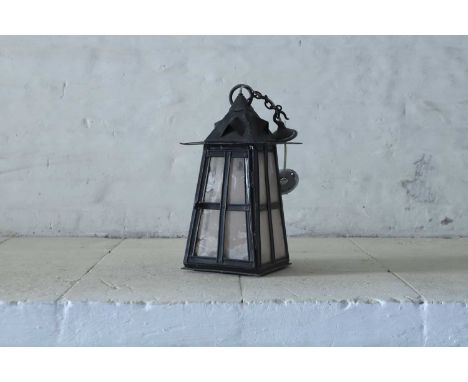 A small Arts and Crafts porch lantern, of square pyramid form, with 'glazed' mica panels,18cm wide18cm deep35cm highCondition