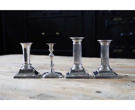 Two Victorian small silver column candlesticks, by William Hutton &amp; Sons (Robert Hutton), London 1879, and Hawksworth, Ey