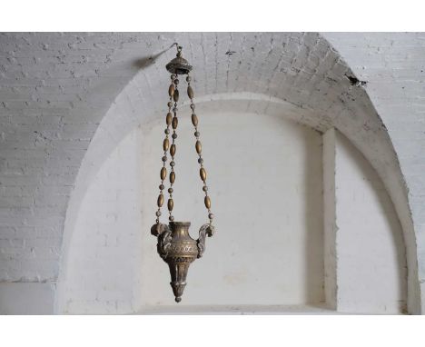 An Italianate giltwood hanging sanctuary light, 20th century, with beaded supports and carved classical decoration, wired for