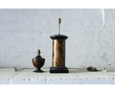 A large simulated tortoiseshell pottery table lamp, mid to late 20th century, probably by Holkham Pottery, of cylindrical for