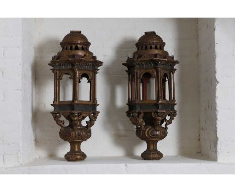 A pair of Renaissance-style painted and gilt lanterns, 19th century, Italian, each of hexagonal form, with a fish-scale dome 