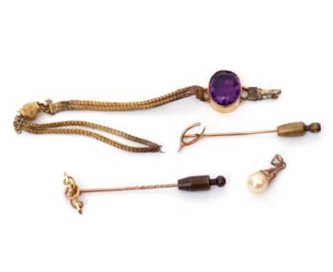 Mixed Lot: two 15ct stamped stick pins, a yellow metal and amethyst bracelet (broken) together with a cultured pearl pendant 