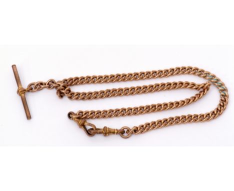 Vintage gold plated watch chain with T-bar and double clips   