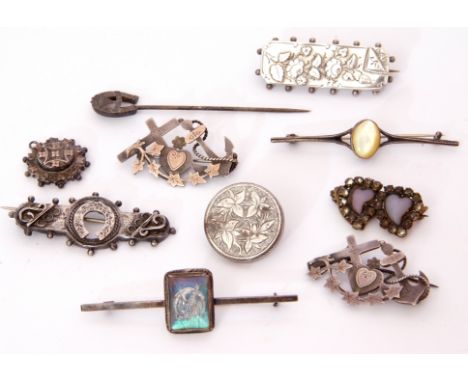 Mixed Lot: four hallmarked antique silver brooches, together with a metal butterfly wing brooch, stick pin and four other met