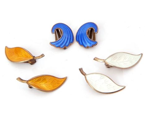Mixed Lot: three pairs of vintage David Andersen of Norway white metal and enamel clip earrings, two leaf design, one pair a 
