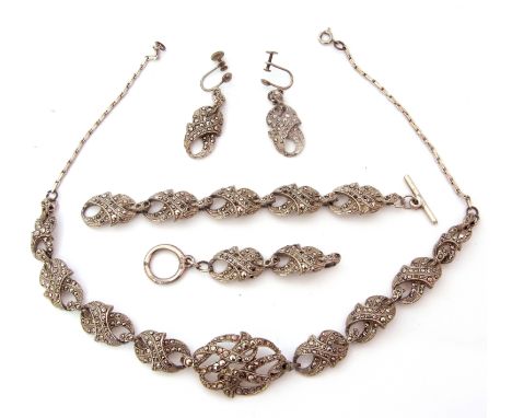 Mixed Lot: vintage marcasite set necklace and matching bracelet together with matching screw in earrings, all metal set