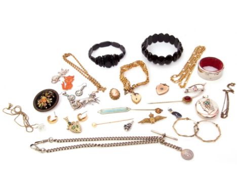 Mixed Lot: oval locket, the centre applied with a three leaf clover, a gold plated gate bracelet, a vintage embroidered brooc