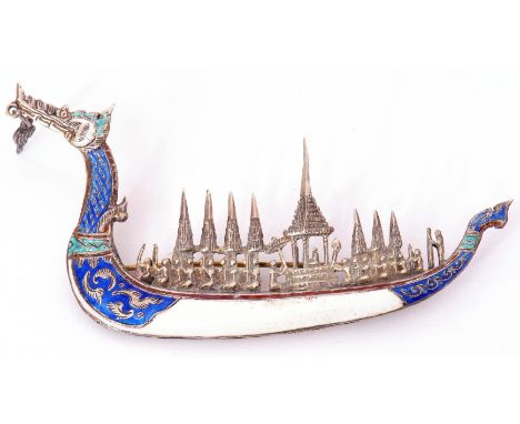 Vintage white metal and enamel Siam Royal Dragon brooch, 6cm long, stamped Siam Sterling   