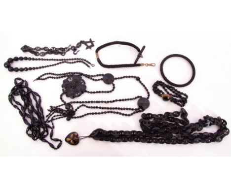 Mixed Lot: vintage faceted bead necklace with jet chain oval links suspending a Masonic ruler and divider, a long oval link n