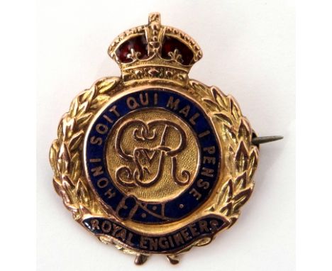 Royal Engineers badge, the centre with the George V crest within a blue enamel script, beneath a red enamel detail crown, sta