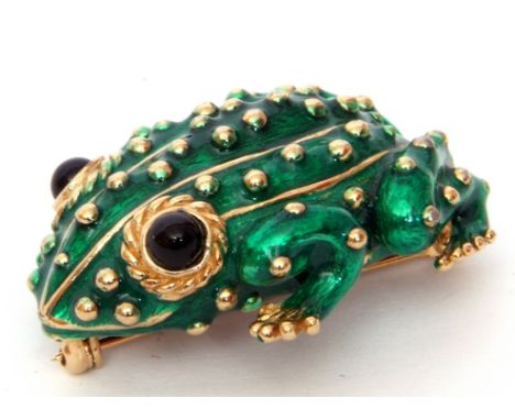 Vintage "Ciner" costume frog brooch, decorated in translucent green enamel and highlighted throughout with gold coloured bead