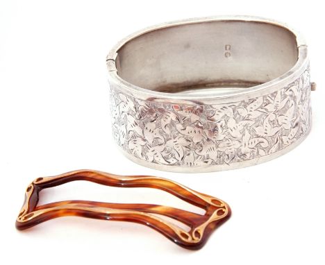 Mixed Lot: late Victorian silver hinged bracelet, part foliate engraved, Birmingham 1894, together with a vintage tortoiseshe