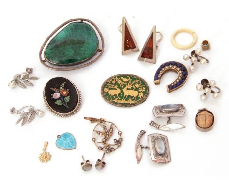 Mixed Lot: 9ct stamped open work pendant centering a diving bird highlighted throughout with seed pearls, a stylised marcasit