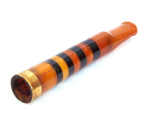 Vintage amber and Bakelite cheroot holder with brass band, (a/f) in original fitted case   