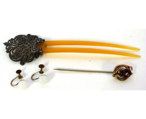 Mixed Lot: vintage two-prong hair slide, the pierced finial stamped Sterling 12cm long, an antique and yellow metal stick pin