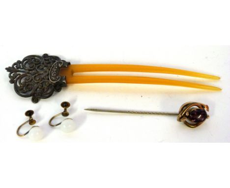 Mixed Lot: vintage two-prong hair slide, the pierced finial stamped Sterling 12cm long, an antique and yellow metal stick pin