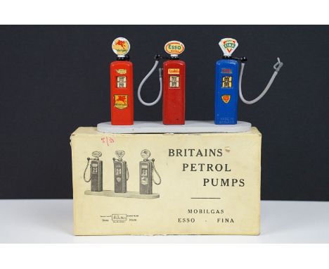 Boxed Britains 102V Petrol Pumps diecast model set, complete with 3 x pumps (ESSO, Fina &amp; Mobilegas), diecast in a vg pla