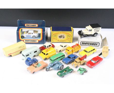 16 Mid 20th C play worn Matchbox 75 Series diecast models to include D Type Jaguar, Walls Bedford Articulated, Karrier Bantam