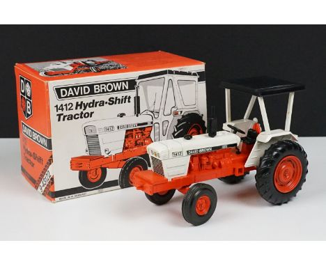Boxed NZG David Brown 1412 Hydra-Shift Tractor diecast model, in white and orange finish, diecast vg-ex, box vg 