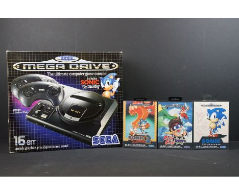 Retro gaming - Boxed Sega Mega Drive console with controller plus 3 x boxed games featuring Sonic, Sonic the Hedgehog 2 and C