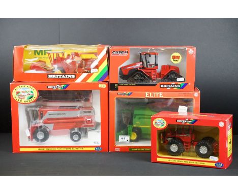 Collection of five boxed Britains farming diecast models to include Massey Ferguson 7200 Combine Harvester, Massey Ferguson 7