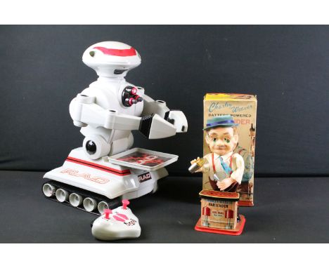 Boxed Rosko Toys battery operated Charley Weaver Bartender 0650 tin plate model plus a RAD robot (2) 