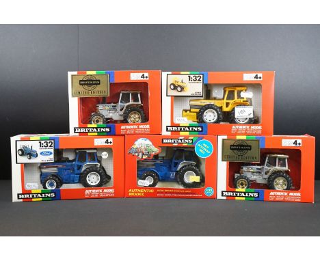 Five boxed Britains farming tractor diecast models featuring 2 x ltd edn 5892 1893-1993 Britains Centenary tractors, 9442 For