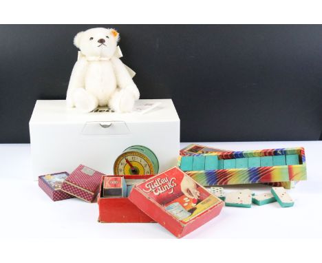 Group of mixed toys to include boxed Steiff Always in my Heart Bear with certificate, boxed Rainbow Dominoes, boxed Spears Ti