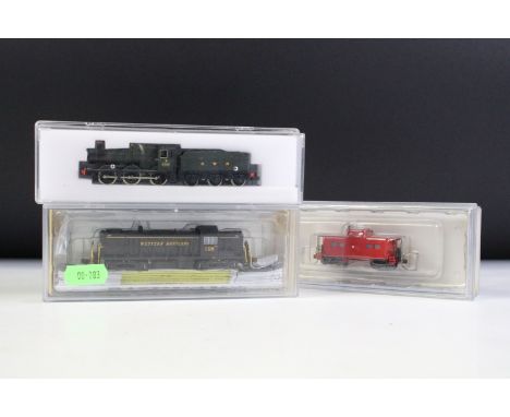Three cased N gauge locomotives to include 2 x Bachmann (64253 Alco RS3 Diesel Loco Western Maryland and 16856 Northeast Stee