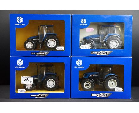 Four boxed Britains New Holland farming tractor diecast models to include 40785 New Holland TS1135A, 002321 New Holland TM 16
