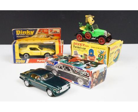 Three boxed TV related models to include Dinky 477 Parsley's Car Morris Oxford Bull Nosed (with display stand, diecast vg, bo