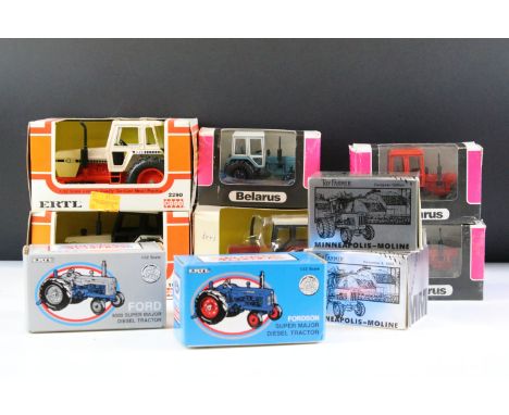 Ten boxed farming tractor related diecast models to include 7 x ERTL models featuring Case David Brown 1690, Case 2290, IH 78