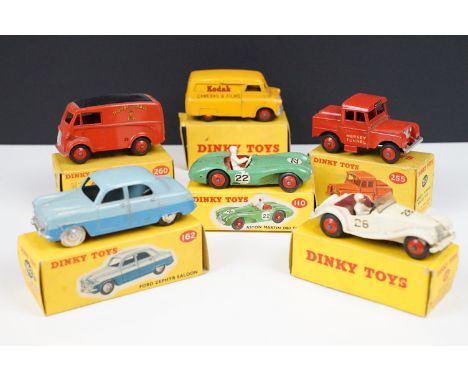 Six boxed Dinky diecast models to include 162 Ford Zephyr Saloon in two tone blue, 480 Bedford 10 CWT Van Kodak, 260 Royal Ma