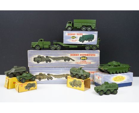 Seven boxed Dinky military diecast models to include 2 x 660 Tank Transporter, 622 10 Ton Army Truck, 651 Centurion Tank, 2 x