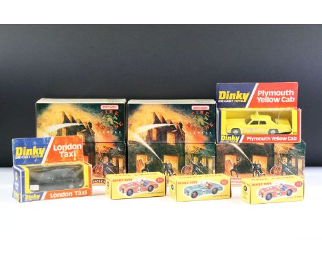 10 Boxed diecast models to include 5 x Matchbox Fire Engine Series (1, 3, 5, 6 &amp; 7), 2 x Dinky (278 Plymouth Yellow Cab a