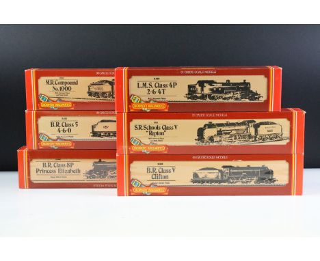 Six boxed Hornby OO gauge locomotives to include R683 SR 4-4-0 Schools Class V Repton, R355 MR 4-4-0 Compound No 1000, R068 B