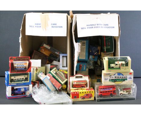 Over 40 boxed diecast models featuring buses and commercial examples to include Corgi, Matchbox, Solido, Vanguard etc, ex (tw