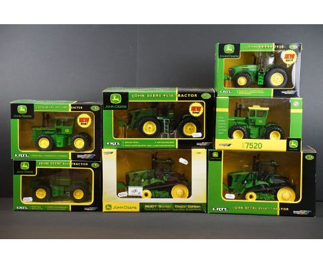 Collection of seven boxed Britains ERTL John Deere farming tractor diecast models to include 7020 4WD Tractor, 9530T Tractor,