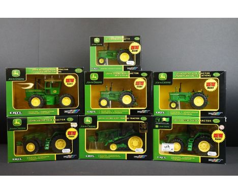 Collection of seven boxed Britains ERTL John Deere farming tractor diecast models to include 7020 4WD Tractor (EU Specificati