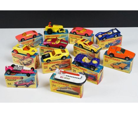 12 Boxed Matchbox Superfast &amp; Rolamatics diecast models to include 2 x 20 Lamborghini Marzal, 32 Maserati Bora, 53 Tanzar