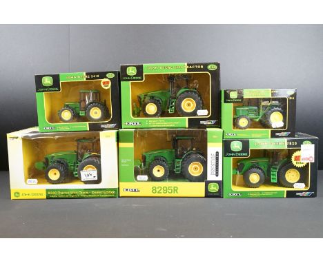 Collection of six boxed Britains ERTL John Deere farming tractor diecast models to include 7820 Tractor, 4020 Tractor with Hi