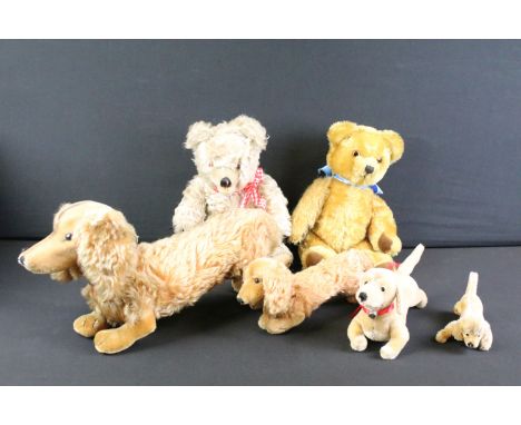 Group of six teddy bears / soft toys, mid 20th C onwards, to include Steiff Waldi Dachshund dog (with tag, approx 46cm long),