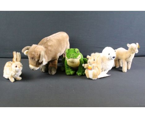 Six Steiff soft toys to include Zicky Goat, Bully, Possy, Aro Seal Pup, Pummy Rabbit &amp; Frog. (All with Steiff buttons) 