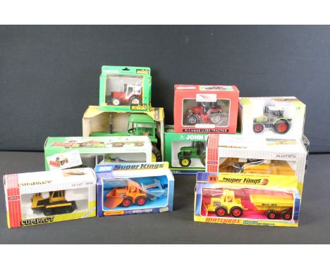 Collection of 11 boxed farming tractor diecast models to include Matchbox Super Kings K-25 Digger and Plough, Claas Celtis, M