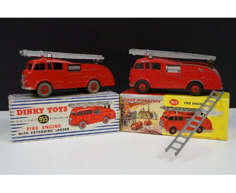 Two boxed Dinky 955 Fire Engine diecast models in box variants, yellow box example shows play wear and paint loss, blue/white