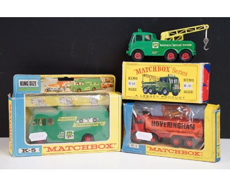 Three boxed Matchbox King Size diecast models to include K1 Foden Tipper Truck with Hoveringham decals, K5 Racing Car Transpo