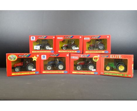 Collection of seven boxed Britains farming tractor diecast models to include Steyr 6135 Profi Tractor, Massey Ferguson 6290 T