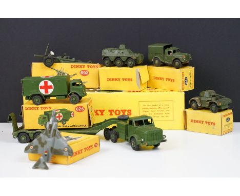 Seven boxed Dinky military diecast models to include 660 Tank Transporter, 692 5.5 Medium Gun (end flap missing), 626 Militar
