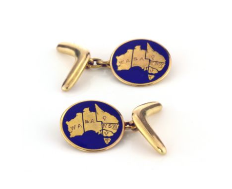A PAIR OF ENAMEL AUSTRALIAN MAP &amp; BOOMERANG CUFFLINKS, LATE 19TH CENTURY each comprising one circular face decorated with