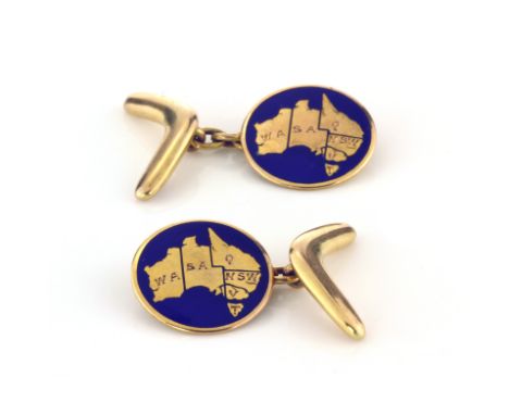 A PAIR OF ENAMEL AUSTRALIAN MAP &amp; BOOMERANG CUFFLINKS, LATE 19TH CENTURY each comprising one circular face decorated with